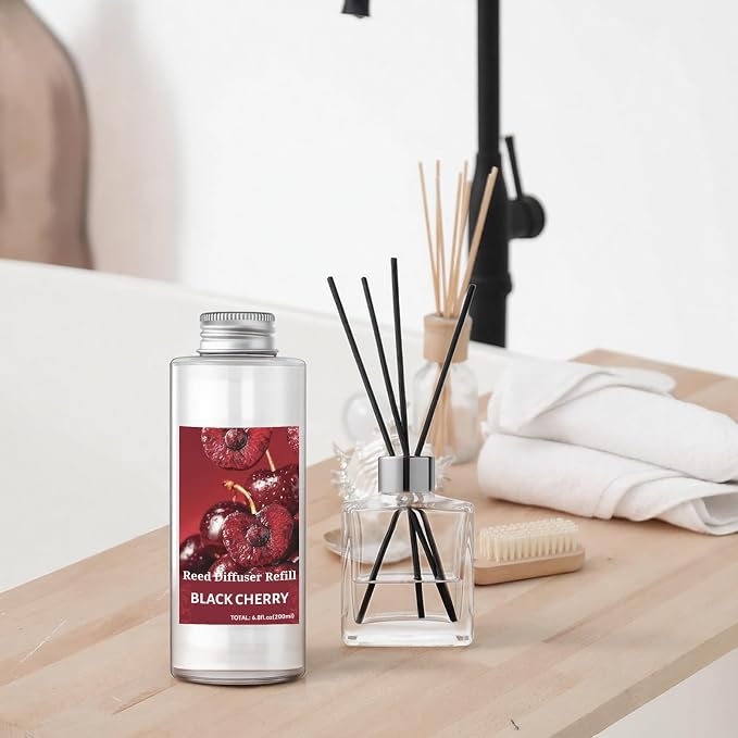 STRN Reed Diffuser Oil Refill, Black Cherry Scented Diffuser Oil Refills with 6 Reed Sticks 200ML(6.8fl.oz), Room Fresheners for Home, Long-Lasting Summer Fragrance for Living Room, Bedroom, Office