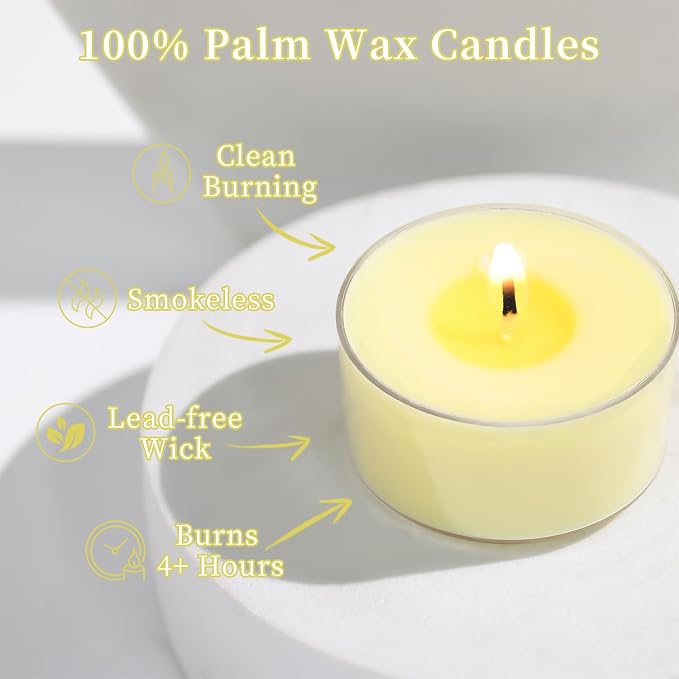 Scented Tea Lights Candles, Lemon Zest, 8 Pack – Soft Yellow Scented Tealight Candles – 100% Palm Wax, 6 Hour Burn Aromatherapy Tea Light Votive Candle for Holiday Brunch, Kitchen Decor, Summer Fresh