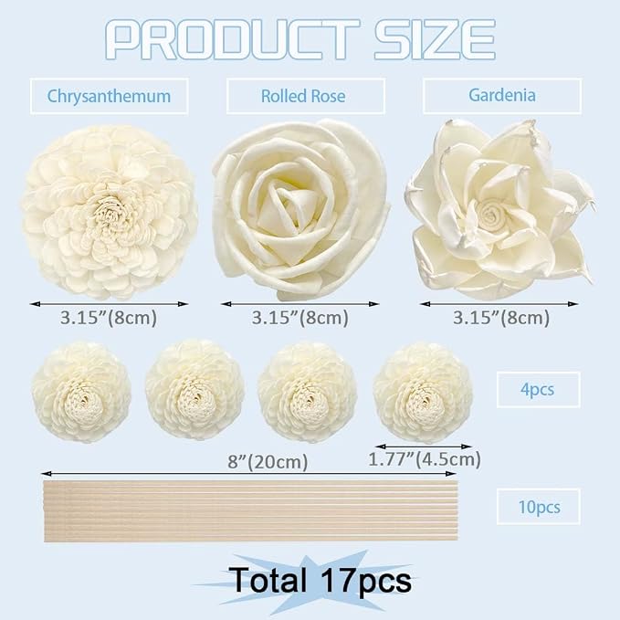 Flower Diffuser Sola Wood Flowers Natural Material Aromatherapy Reed Decorative Aromatherapy Flower Refill Diffuser Reeds, 7Pcs Flower, 10 Pcs Diffuser Rattan