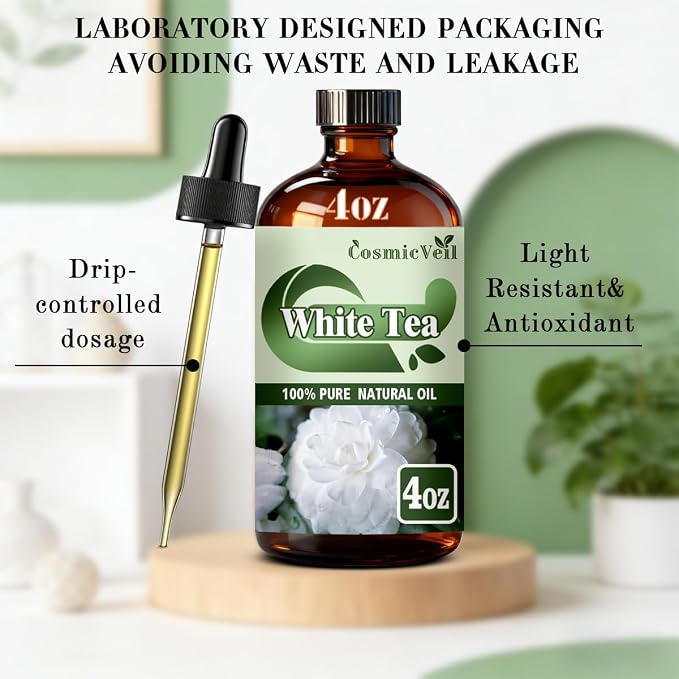 White Tea Essential Oil White Tea Oil for Aroma Diffuser,Humidifier,Home Fragrance,Cleaning,Body Care,Massage,Yoga,DIY Candle,DIY Soap CosmicVeil（White Tea，4 Fl Oz (Pack of 1)）