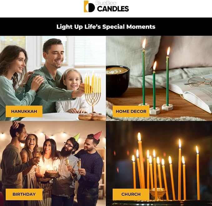 BlueBee Pure Beeswax Candles Bulk for Home - 200pcs Tall Thin Taper Candles + 5 Holders, Honey Scent, Smokeless, Long-Burn, All Natural for Church Prayer, Hanukkah, Birthday Cake, Christmas Advent