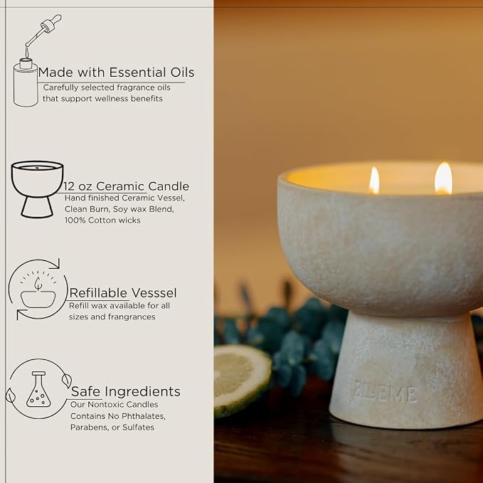 Blueme Focus Candle | Eucalyptus & Lime | 2 Wick - Refillable Wellness Candle with Essential Oils, Hand Finished & Poured Soy Wax Blend Ceramic Vessel, Natural Cotton Wicks | Medium 12 oz