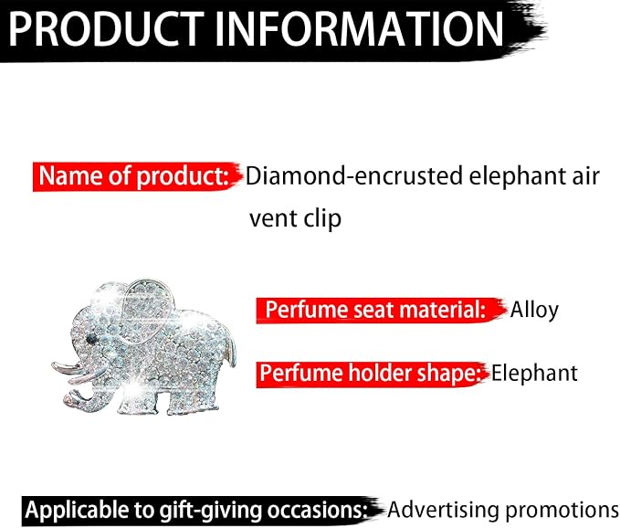 Rhinestone Elephant Car Air Vent Clip, 2PCS Bling Crystal Elephant Car Diffuser Air Conditioner Outlet Decoration Charms, Cute Auto Diamond Decoration Interior Accessories for Women Style E