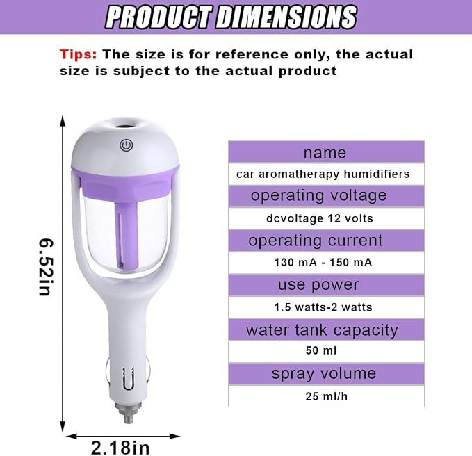 Car Humidifier, Portable Mini Aromatherapy Essential Oil Diffuser, 180-Degree Rotation Cool Mist Humidifier, Vehicle Air Freshener Diffuser with 12V Charging Port for Home Office (Purple)
