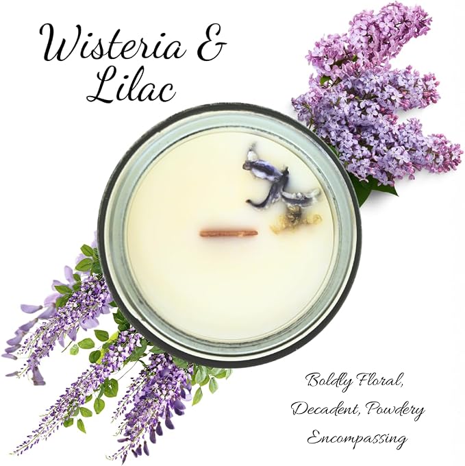 Wisteria & Lilac Floral Scented Candle, Hand Crafted Essential Oil Soy Candles Flickering Wood Wick, Dried Flowers, 23 Hour Burn Time, Natural Aromatherapy, Glass Jar with Lid by Lathered Artisan