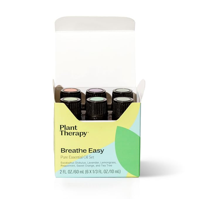 Plant Therapy Breathe Easy Essential Oil Set of 6 Bottles 10 mL (1/3 oz) Each, Lavender, Eucalyptus, Peppermint, Lemongrass, Orange Sweet, Tea Tree, 100% Pure, Aromatherapy