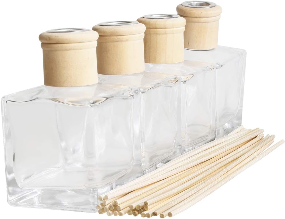 Fragrance Glass Diffuser Bottles Diffuser Jars with caps and Rattan Stick Set of 4 pcs 200ml Fragrance Accessories use for DIY Replacement Reed Diffuser Sets (4pcs per Set)