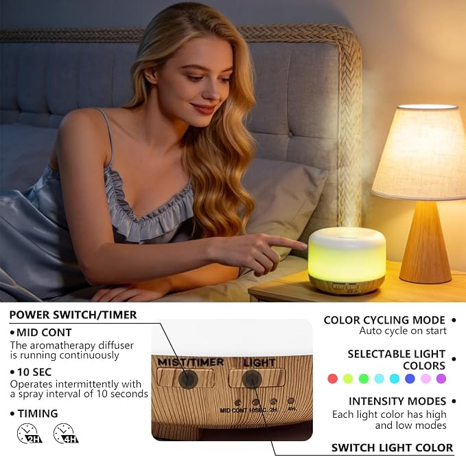 YINBAOGE Essential Oil Diffuser,Ultrasonic Cool Mist Humidifier with 2 Mist Modes,7 Color LED Light,2H/4H Timer, Quiet Aroma Diffuser for Bedroom, Home, Office, Auto Shut-Off(Light Wood Grain, 300 ml)