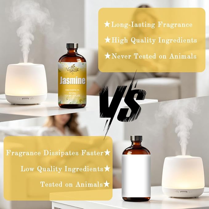Jasmine Essential Oil, Jasmine Oil 4 Fl Oz 120ml for Diffuser Yoga Soap & Candle Making – with 0.33 Oz Roller Ball & Dropper YHSESSE Essential Oils
