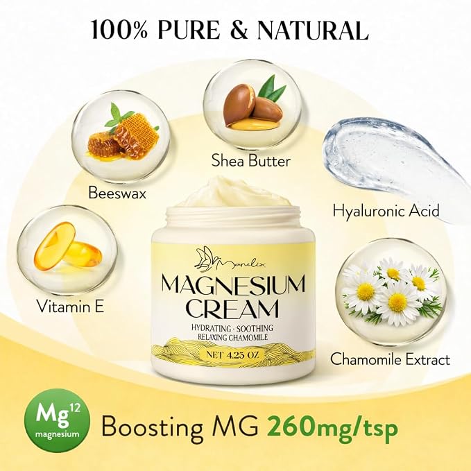 Magnesium Cream for Sleep - Topical Magnesium for Women, Muscle Relaxation, Calm, Moisturizing with Coconut Oil, Shea Butter & Hyaluronic Acid, 4.23 OZ, Safe for Kids (4.23 Ounce, Chamomile)