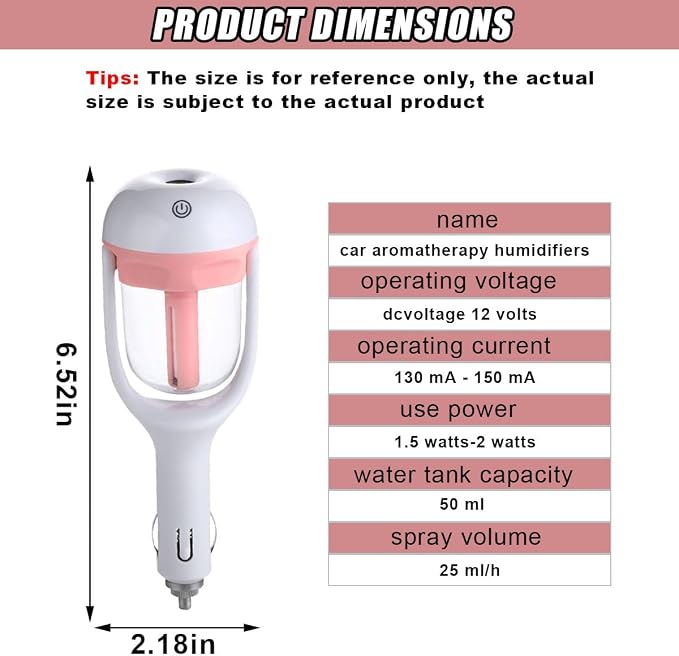 Car Humidifier, Portable Mini Aromatherapy Essential Oil Diffuser, 180-Degree Rotation Cool Mist Humidifier, Vehicle Air Freshener Diffuser with 12V Charging Port for Home Office (Pink)