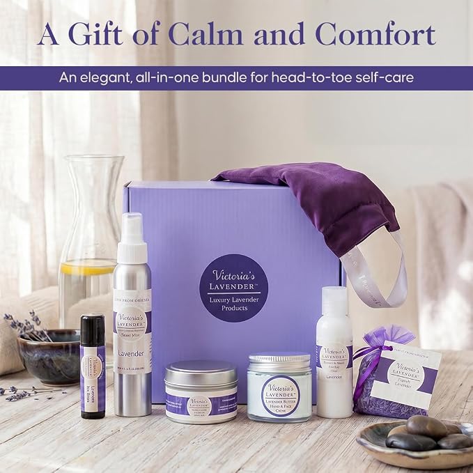 Victoria's Lavender Luxury Spa Gift Basket for Women, Neck Wrap, Body Mist, Body Lotion, Lip Balm, Soy Candle, Lavender Face Cream & Sachet, Birthday Gifts