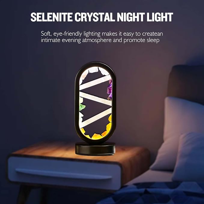 Runyangshi Crystal Table Lamp Night Light Natural Selenite & Colour Crystal Raw Stone Bedside Lamp with 3 Adjustable Light Colours Suitable for Home Decoration, Bedroom Office Desk Lighting