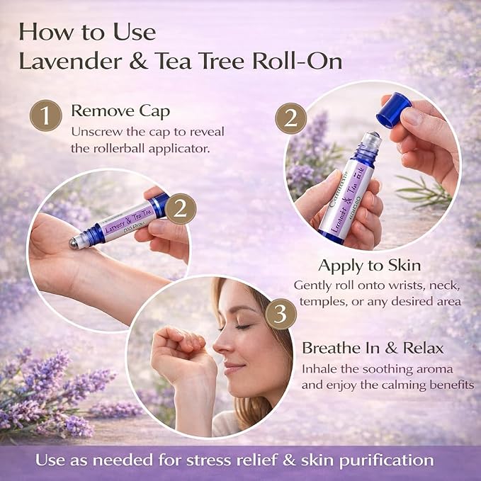 GreenHealth Lavender & Tea Tree Essential Oil Roll On 10 ml – Pre-Diluted Aromatherapy Roller, Ready to Use, Portable Roll-On, Relaxing Lavender & Refreshing Tea Tree Blend for On-the-Go Use