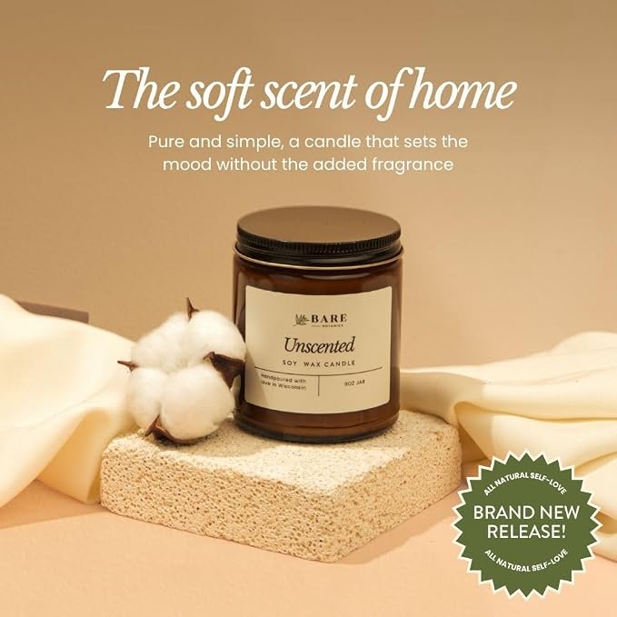 Bare Botanics Non-Toxic Unscented 9oz Soy Candle - 100% Plant-Based Fragrance Oils - Handpoured in WI - 40+ Hrs