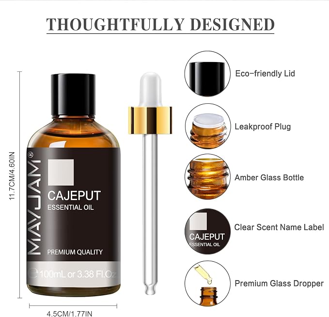 MAYJAM Cajeput Essential Oil, 3.38FL.OZ Pure Essential Oils with Glass Dropper, Large Volume Cajeput Oil, Perfect for Massage, DIY Candle and Soap Making (100ML)