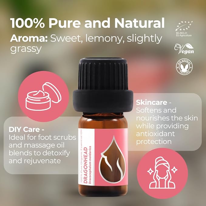 Essences Bulgaria Organic Moldavian Dragonhead Essential Oil 1/6 Fl Oz | 5ml | Dracocephalum Moldavica | 100% Pure and Natural | Undiluted | Therapeutic Grade | Family Owned Farm | Steam-Distilled