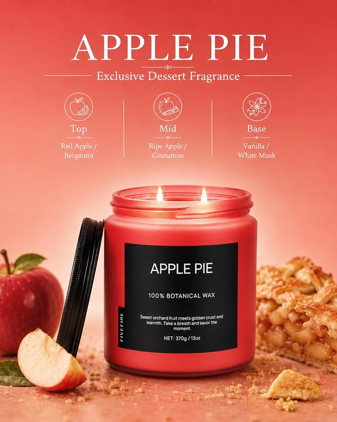 Apple Pie Home Scented Candles, 13oz Organic Soy Wax, 76-Hour Clean Burning, Natural Candles Non Toxic, Warm & Sweet Gourmand Scent for Relaxation, Aromatherapy Housewarming Candle for Men Women