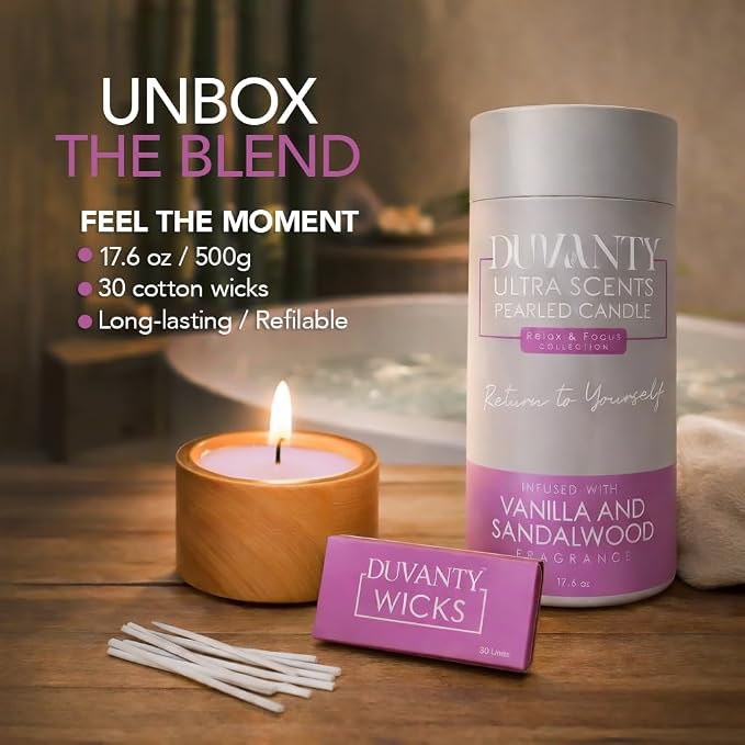 Relax & Focus Candle Sand with Wicks – Vanilla & Sandalwood Scented Wax Beads Candle for Calm Home Ambiance & Elegant Everyday Rituals, 17.6 oz