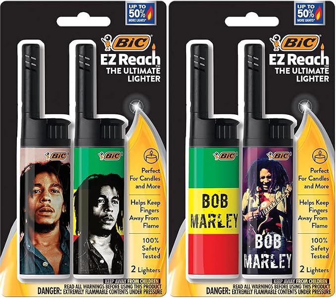 BIC EZ Reach Candle Lighter, The Ultimate Lighter with Extended Wand for Grills and Firepits (1.45-inch), Bob Marley Lighters, 4 Count Pack (Assortment of Designs and Packaging May Vary)