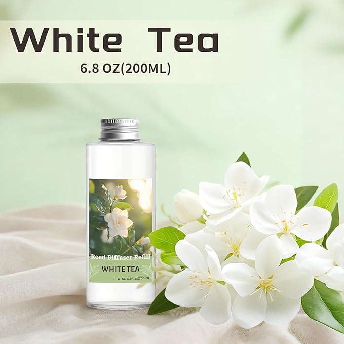 STRN Reed Diffuser Oil Refill, White Tea Scented Diffuser Oil Refills with 6 Reed Sticks 200ML(6.8fl.oz), Room Fresheners Long-Lasting Summer Fragrance for Living Room, Bedroom, Office