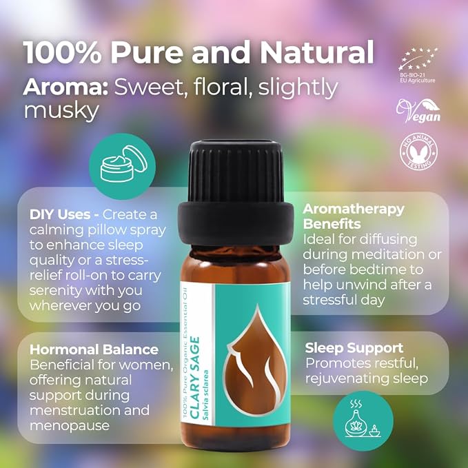 Essences Bulgaria Organic Clary Sage Essential Oil 1/6 Fl Oz | 5ml | Salvia sclarea | 100% Pure and Natural | Undiluted | Therapeutic Grade | Family Owned Farm | Steam-Distilled | Non-GMO | Vegan