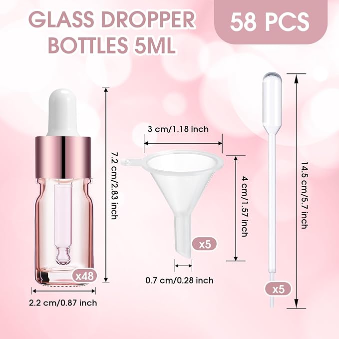 Patelai 48 Pcs 5 ml/ 0.2 oz Frosted Glass Dropper Bottles Essential Oil Bottles with Eye Dropper and Bamboo Lids Perfume Sample Essence Liquid Cosmetic Containers and Funnels (Rose Gold)