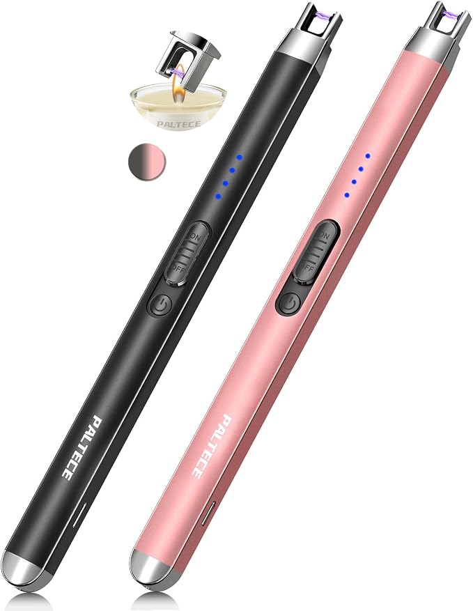 2 Pack Candle Lighter USB Rechargeable Electric Plasma Arc Lighters with Safety Lock, Windproof Flameless Long Lighters Matches for Candle, Grill, BBQ, Camping, Gas Stoves (Black, Rose Gold)