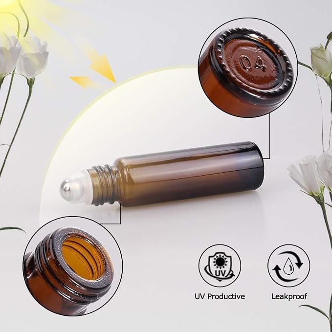 sungwoo 12 Pack Essential Oil Roller Bottles Stainless Steel, 10ml Amber Glass Roller Bottles with Caps for Travel, Perfume and Lip Gloss