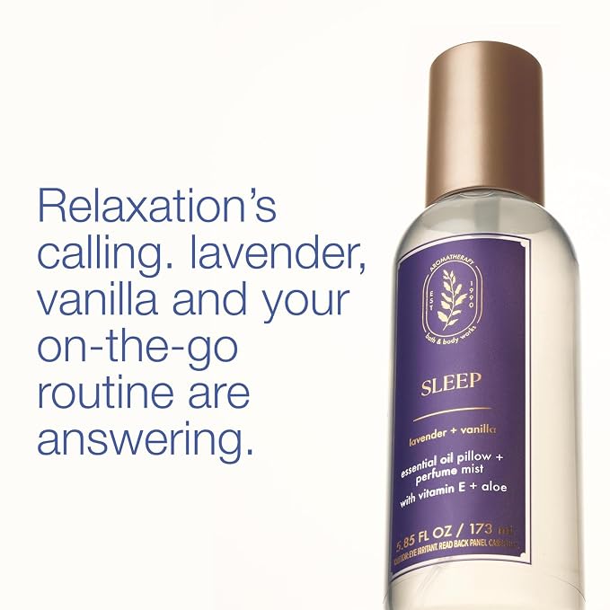Bath & Body Works Aromatherapy Lavender Vanilla Essential Oil Mist, Body Spray with Vitamin E and Aloe, Pillow Spray for Calming Bedtime Relaxation, 5.3 fl oz - 2 Pack