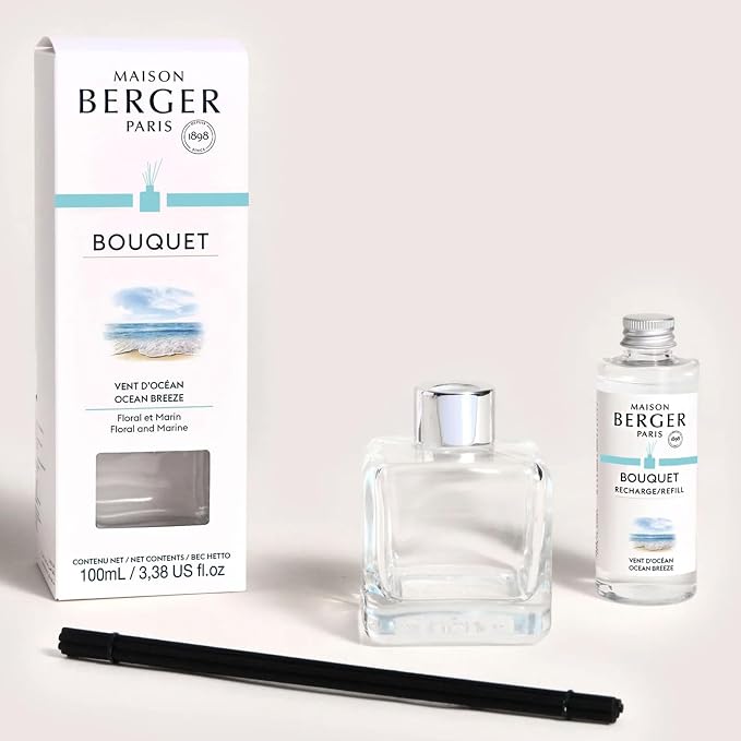 MAISON BERGER Reed Diffuser Bouquet, 100 ml, Ocean Breeze | Clear Glass Bottle, 8 Reed Sticks, 100 ml Refill, Up to 6-Week Passive Diffusion, No Flame, Made in France