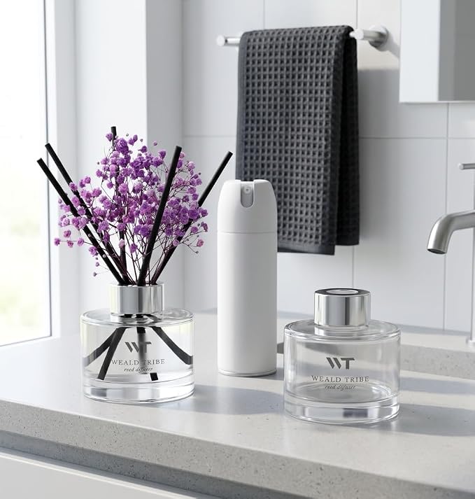 WEALD TRIBE Flower Reed Diffuser Set Lavender Scent for Bathroom Accessories Shelf Decor & Air Fresheners, Sticks Defusers with 5.1 fl oz Essential Oils & Leaves, House Bedroom Office Decor & Gifts