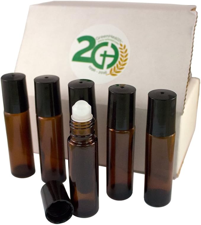 GreenHealth Aromatherapy - Amber Glass Bottle with Roll On Applicator and Black Cap - 10 ml - Package of 6