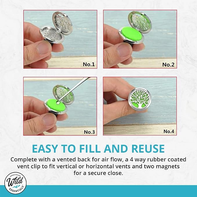 Wild Essentials Peace Sign Essential Oil Car Vent Diffuser, Stainless Steel Locket Pendant with 8 Color Refill Pads, Customizable Color Changing Air Freshener for Aromatherapy