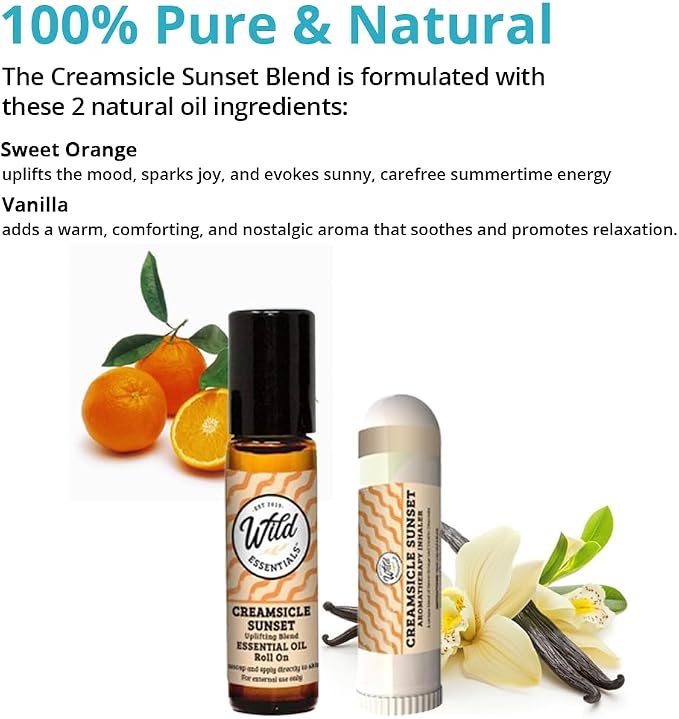Creamsicle Sunset Essential Oil 2-Pack – Uplifting Sweet Orange & Comforting Vanilla Aromatherapy Roll-On & Inhaler – Mood Boost, Stress Support & Summertime Nostalgia