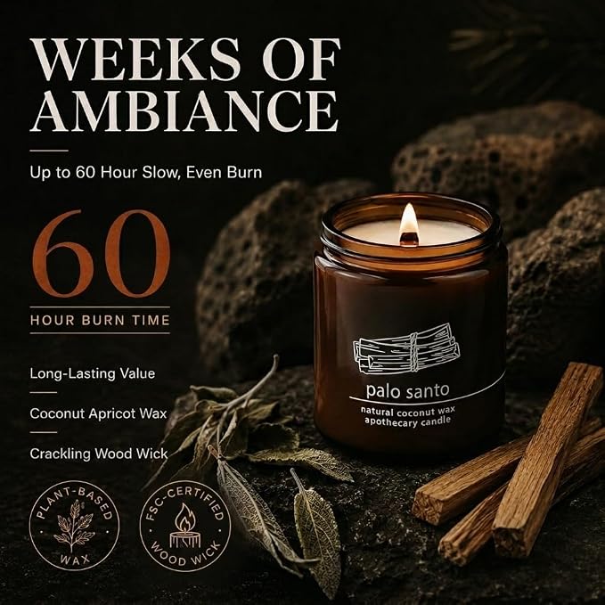 Hemlock Park Palo Santo Apothecary Scented Candle | Crackling Wood Wick, Botanical Fragrance & Coconut Apricot Wax | Up to 60 Hour Burn Time | 8 oz | Made in USA