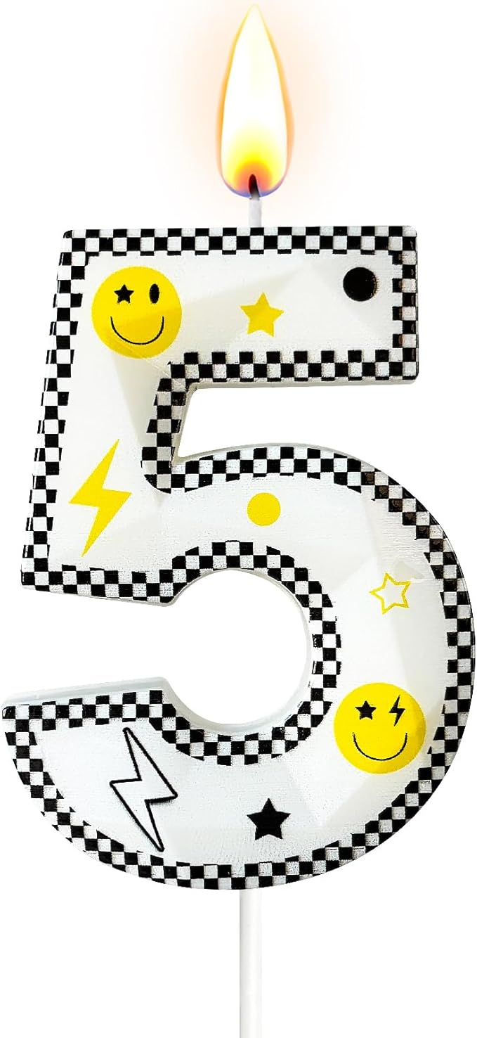 Number 5 Birthday Candle for Cake – 2.7 Inch Large Size Black White Checkered Smiley Design with Lightning & Star – five Happy Dude Theme Cake Topper Decoration