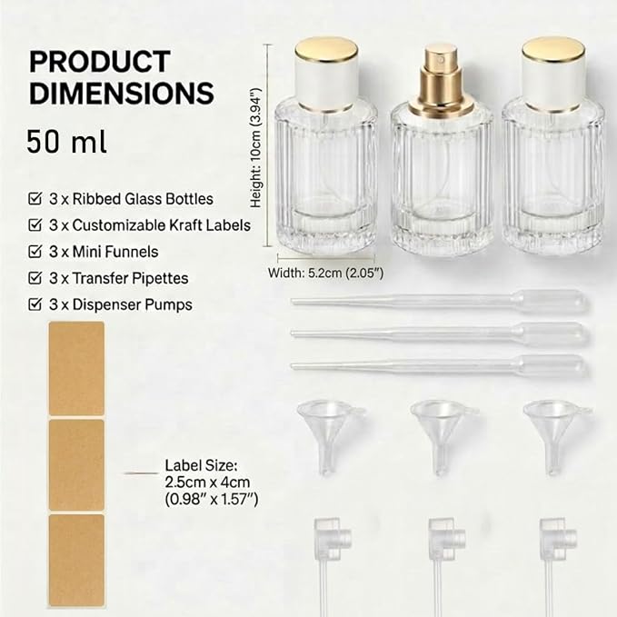 50ml Empty Perfume Spray Bottles, 3 Pack Ribbed Glass Atomizer Bottle Refillable Portable Glass Atomizers with Funnel and Dropper, Fine Mist Spray for Women Men Dispenser Fragrance Container Set