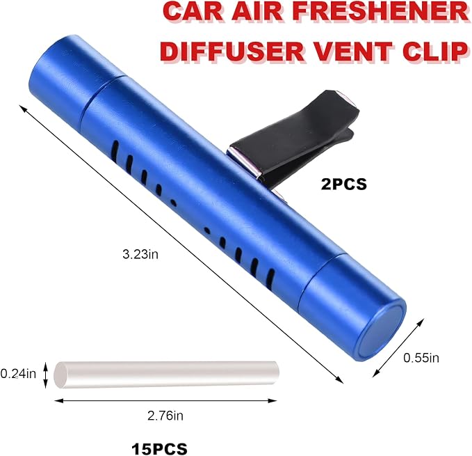 2 PCS Car Air Freshener Diffuser Vent Clips, Refillable Cylindrical Oil Diffuser Clip with 12 Unscented Refill Sticks, Essential Vent Air Freshener Interior Decor for Women Men (Blue)