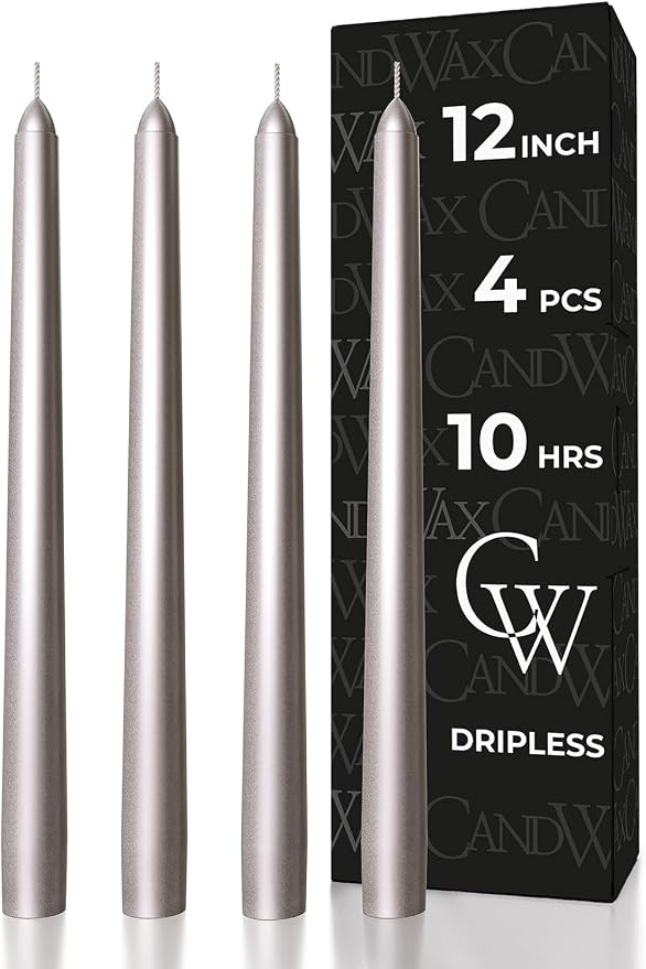 CANDWAX 12 inch Silver Taper Candles Set of 4 - Christmas Candles Taper Dripless - Tall Long Burning Fragrance-Free Silver Candlesticks