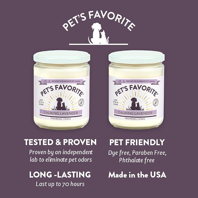 Pet's Favorite Pet Odor Candle, Clean Burning, Long Lasting Lavender Candles with a Natural Fiber Wick and 70 Hour Burn Time, Pack of 2