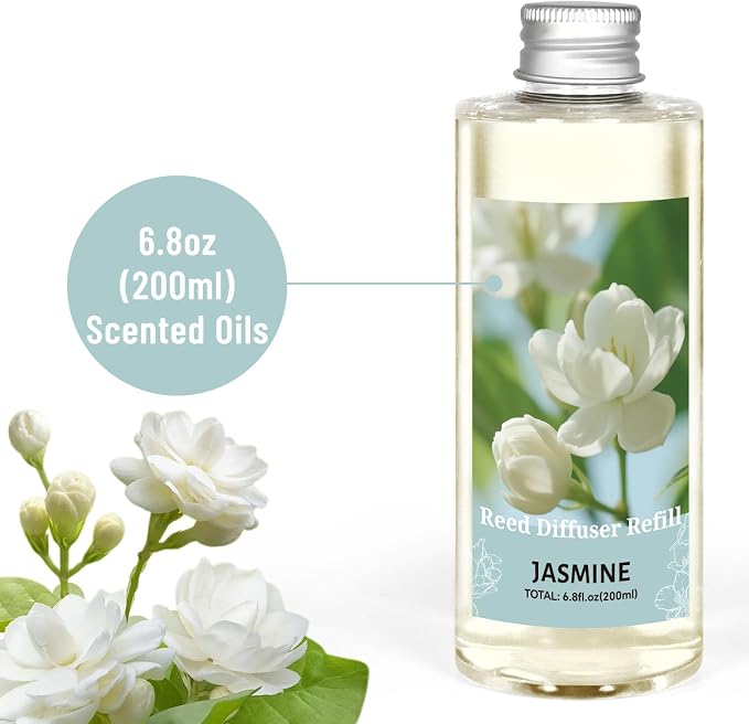 STRN Reed Diffuser Oil Refill, Jasmine Fragrance Oil for Diffuser Refill 200ml, Long-Lasting for Home, Living Room, Bedroom, Spa, 6.8 fl oz