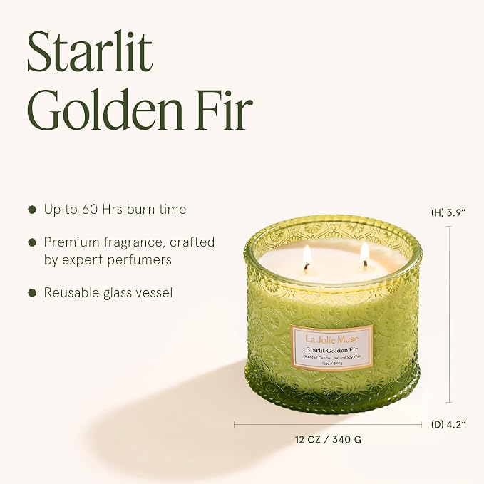 LA JOLIE MUSE Starlit Fir Pine Scented Candle for Home | Balsam & Cedarwood | Christmas Winter Holiday | 2-Wick Non Toxic Natural Soy | Large Green Jar Candle | Luxury Gifts for Women & Men | 12 oz