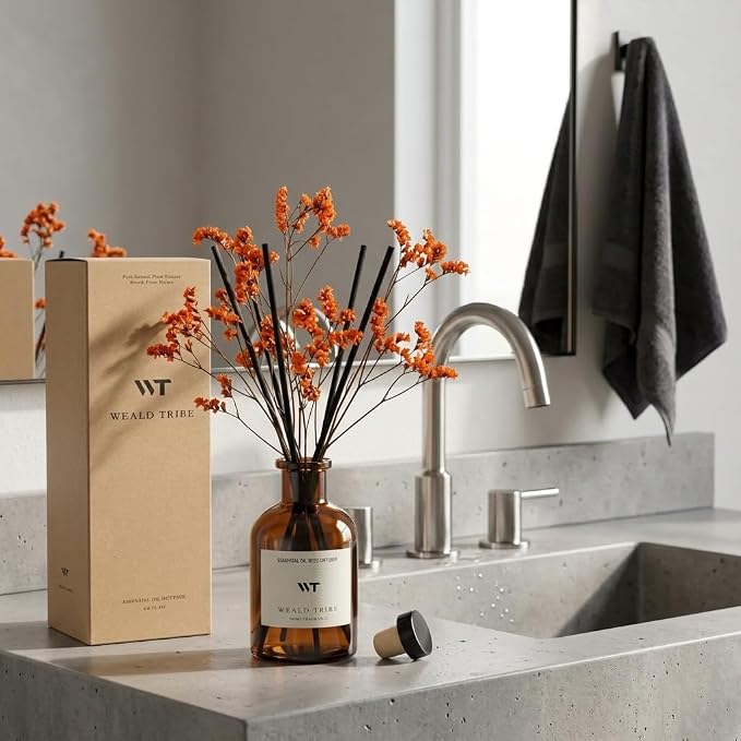 WEALD TRIBE Flower Reed Diffuser Set Neroli Scent for Bathroom Accessories Shelf Decor & Air Fresheners, Sticks Defusers with 4.0 fl oz Essential Oils & Leaves, House Bedroom Office Decor & Gifts