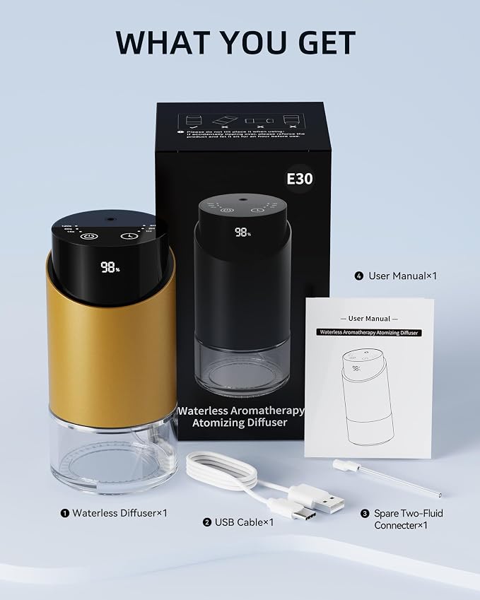 Waterless Essential Oil Diffuser Aromatherapy Scent Diffusers for Home Large Room, Bedroom, Car, Office, Battery Operated Mini Portable Air Freshener, 3 Countdown Timers & 3 Mist Levels