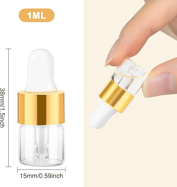 10pcs Mini Glass Dropper Bottle for Essential Oil,1ml Small Clear Sample Dropper Vails with Gold Cap,Perfume Cosmetic Liquid Containers for Traveling