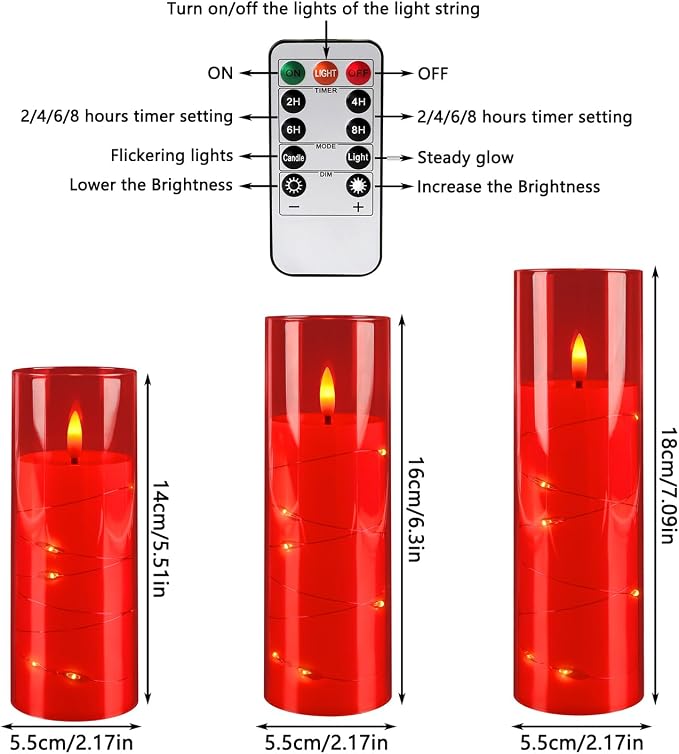 24-Pack Flameless LED Candles with Star String Lights - Red Acrylic Pillar, Realistic Flickering, Remote Control & Timer for Home Decor, Wedding, Christmas
