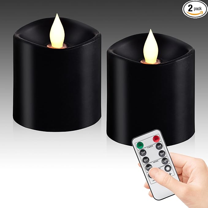 Black Flameless LED Candles, Black Battery Operated Candles with Remote Timer, 3"x3" Real Wax 2-Pack, 3D Flickering Flame Last 600+ Hours, Ideal for Halloween Christmas Gothic Home Decor