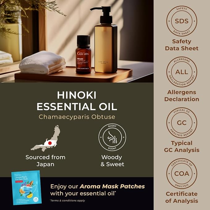 100% Pure Hinoki Essential Oil - 0.34 Fl Oz - Hinoki Oil for Hair, Skin, Diffuser, Aromatherapy & DIY Candle Making Scent