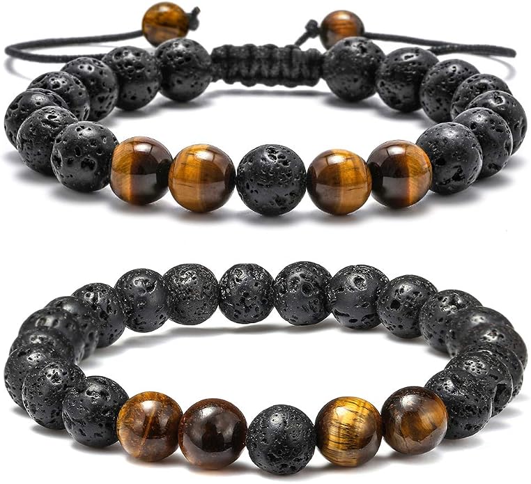 M MOOHAM Mens Bracelet - Beaded Natural Stone 8mm Tiger Eye Matte Agate Lava Rock Bracelets for Men Teen Boys Grandpa Dad Birthday Gifts Jewelry